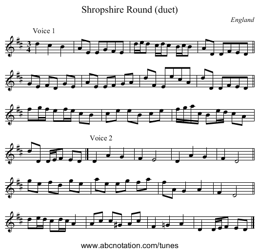 Shropshire Round (duet) - staff notation
