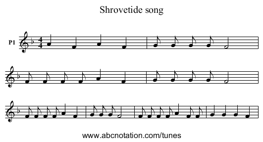 Shrovetide song - staff notation