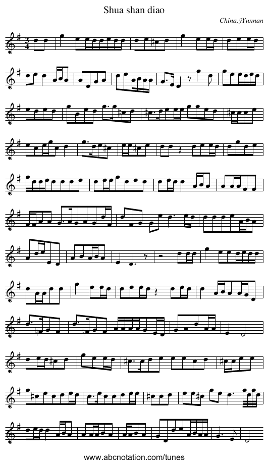 Shua shan diao - staff notation