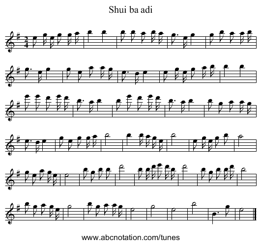 Shui ba adi - staff notation
