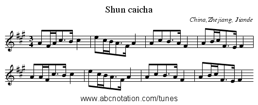 Shun caicha - staff notation