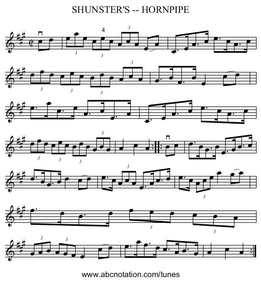 SHUNSTER'S -- HORNPIPE - staff notation