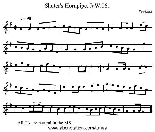 Shuter's Hornpipe. JaW.061 - staff notation