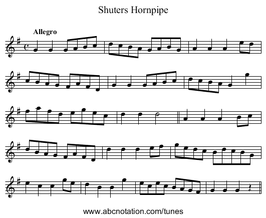 Shuters Hornpipe - staff notation