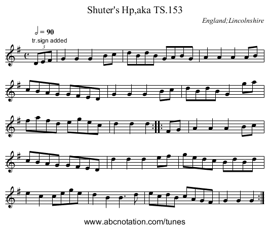 Shuter's Hp,aka TS.153 - staff notation
