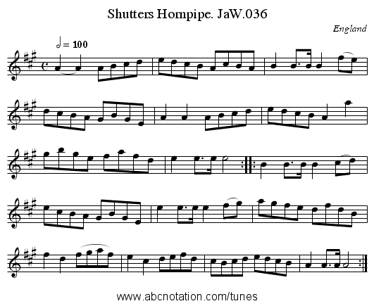 Shutters Hornpipe. JaW.036 - staff notation