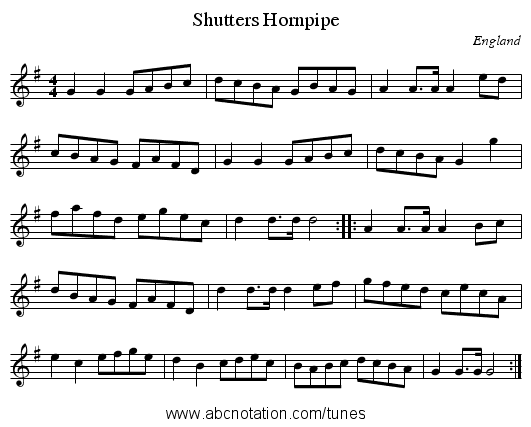 Shutters Hornpipe - staff notation