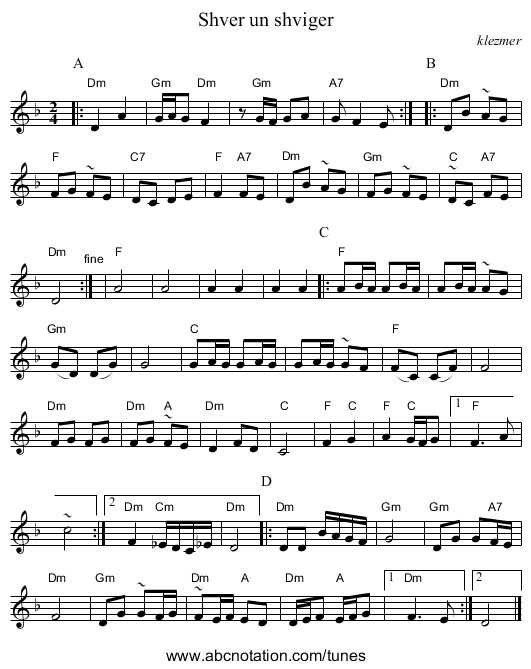 Shver un shviger - staff notation