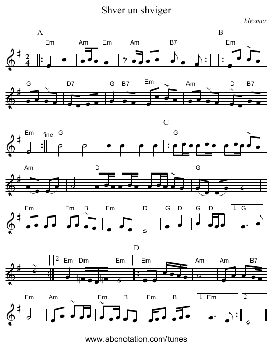 Shver un shviger - staff notation