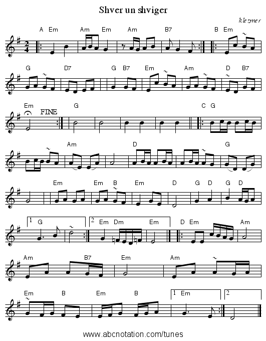 Shver un shviger - staff notation