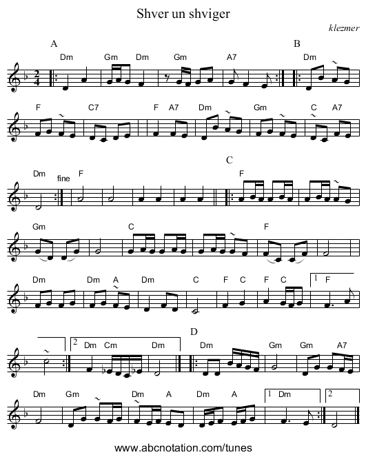 Shver un shviger - staff notation