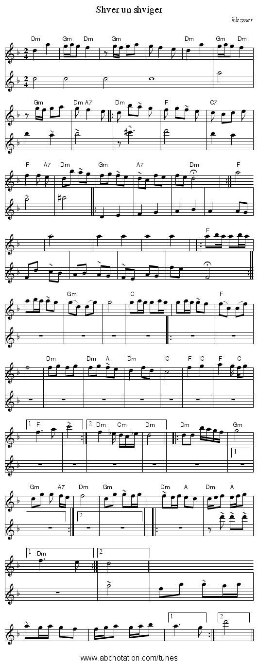 Shver un shviger - staff notation