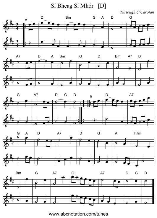 S&iacute; Bheag S&iacute; Mh&oacute;r   [D] - staff notation