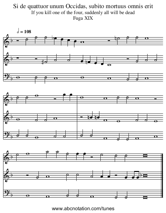 Si de quattuor unum Occidas, subito mortuus omnis erit - staff notation