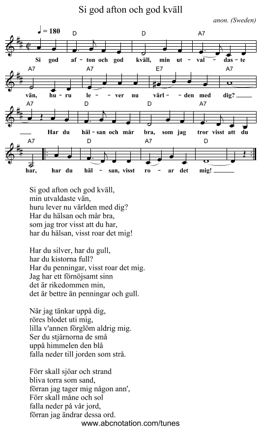 Si god afton och god kv&auml;ll - staff notation