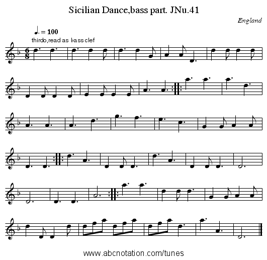 Sicilian Dance,bass part. JNu.41 - staff notation