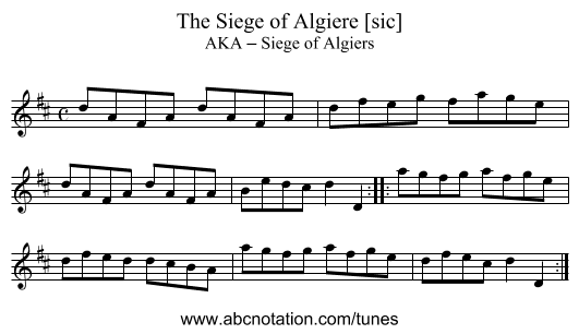 Siege of Algiere [sic], The - staff notation