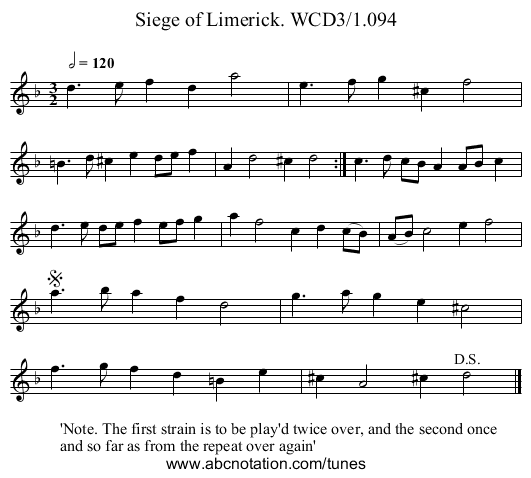 Siege of Limerick. WCD3/1.094 - staff notation