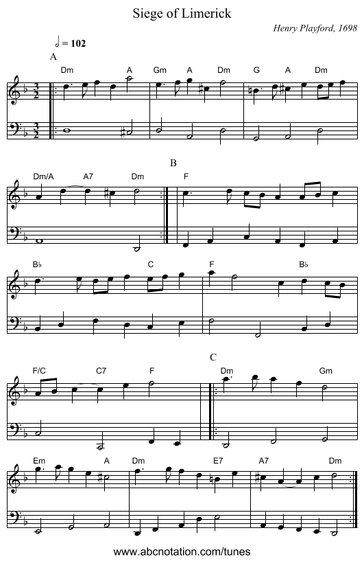 Siege of Limerick - staff notation