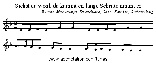Siehst du wohl, da kummt er, lange Schritte nimmt er - staff notation