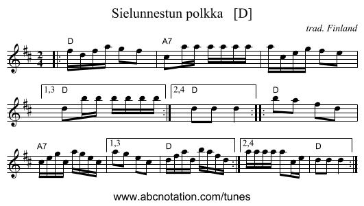 Sielunnestun polkka   [D] - staff notation