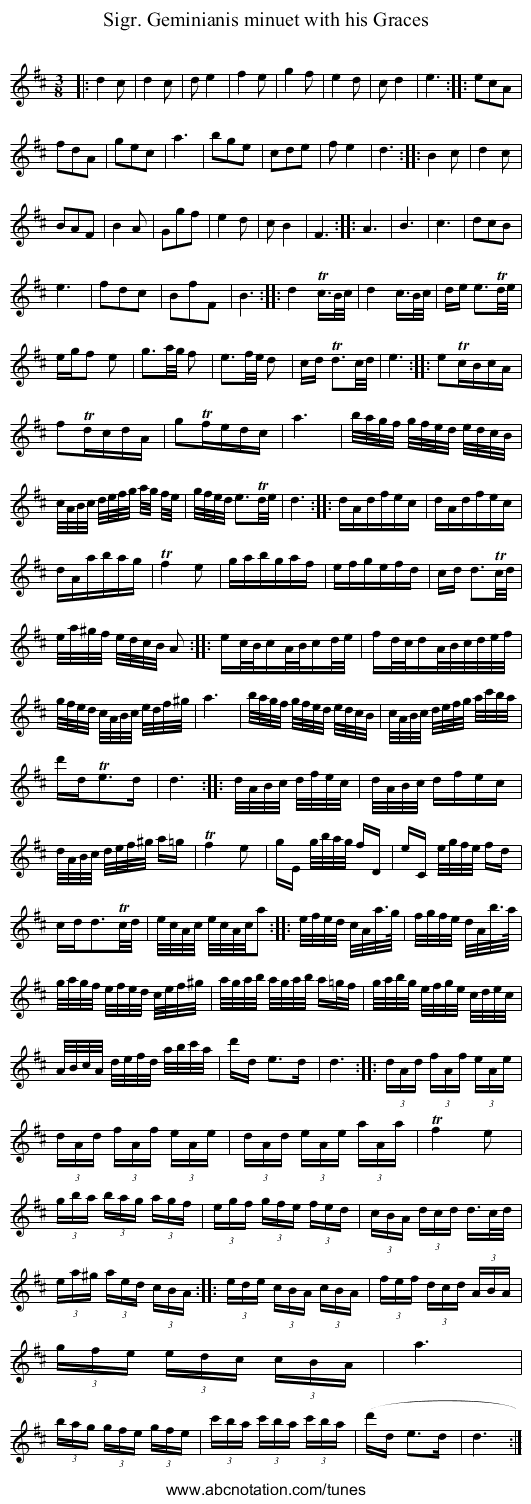 Sigr. Geminianis minuet with his Graces - staff notation