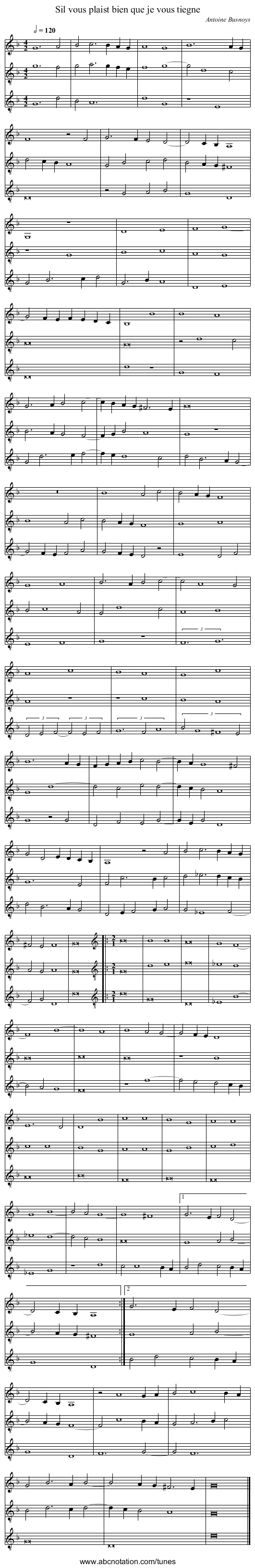 Sil vous plaist bien que je vous tiegne - staff notation