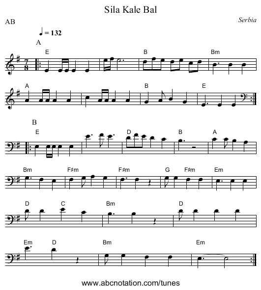 Sila Kale Bal - staff notation