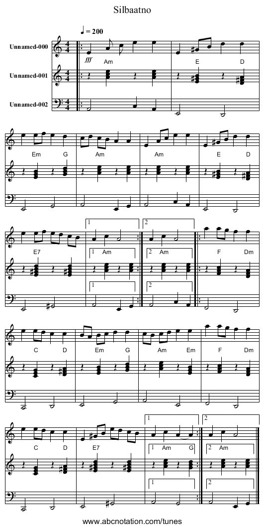 Silbaatno - staff notation
