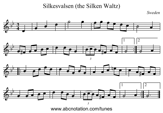 Silkesvalsen (the Silken Waltz) - staff notation