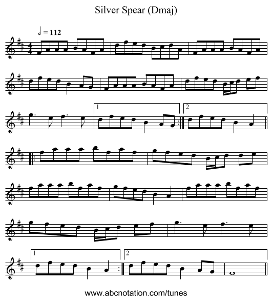 Silver Spear (Dmaj) - staff notation