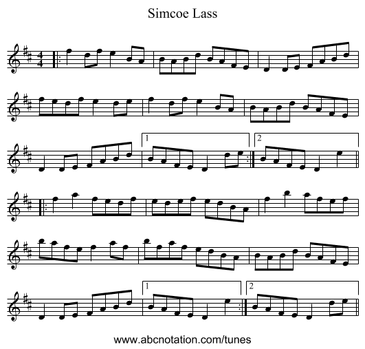 Simcoe Lass - staff notation