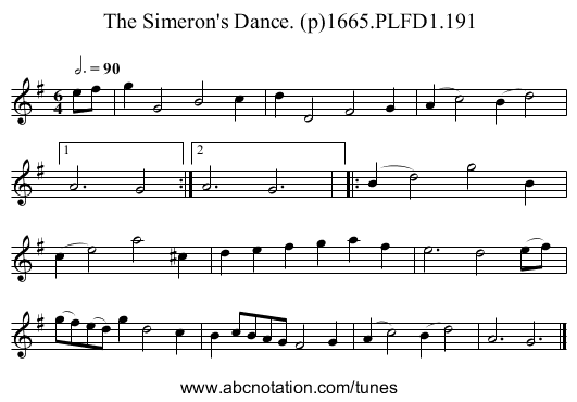 Simeron's Dance. (p)1665.PLFD1.191, The - staff notation