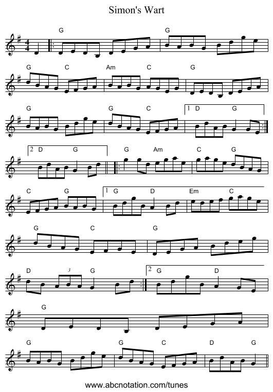 Simon's Wart - staff notation