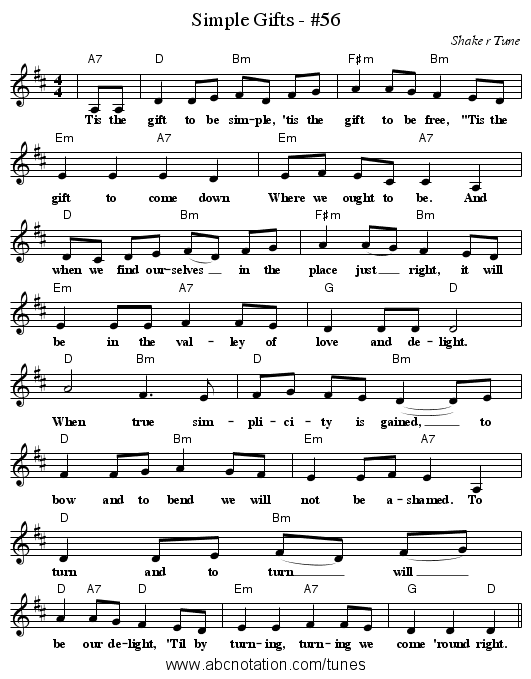 Simple Gifts - #56 - staff notation