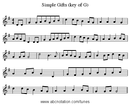 Simple Gifts (key of G) - staff notation