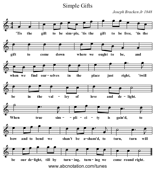 Simple Gifts - staff notation
