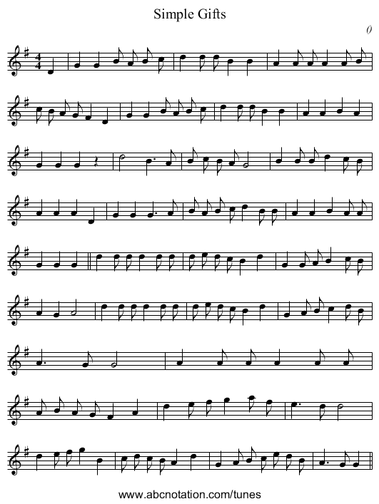 Simple Gifts - staff notation