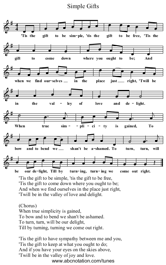 Simple Gifts - staff notation