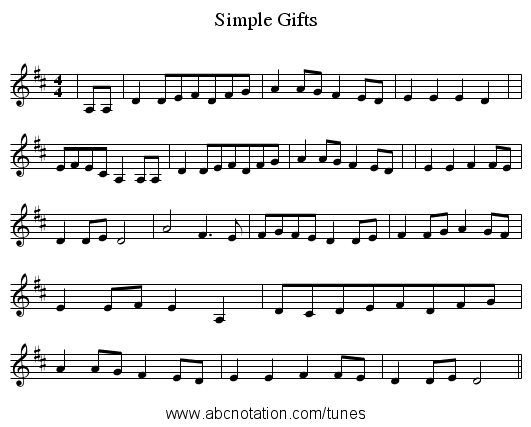 Simple Gifts - staff notation