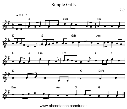 Simple Gifts - staff notation