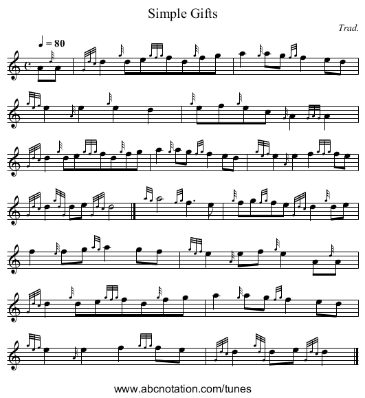 Simple Gifts - staff notation
