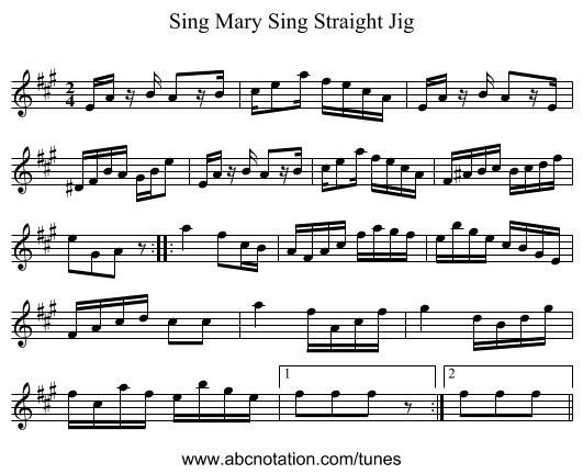 Sing Mary Sing Straight Jig - staff notation