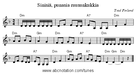 Sinisi&auml;, punasia ruusunkukkia - staff notation