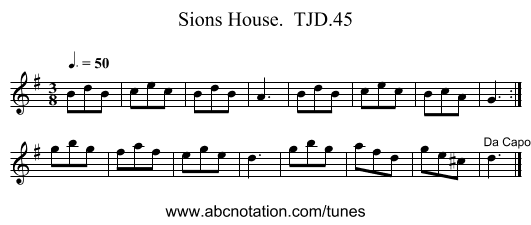 Sions House.  TJD.45 - staff notation
