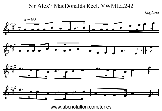 Sir Alex'r MacDonalds Reel. VWMLa.242 - staff notation