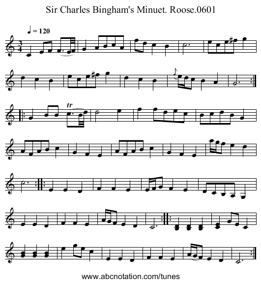 Sir Charles Bingham's Minuet. Roose.0601 - staff notation
