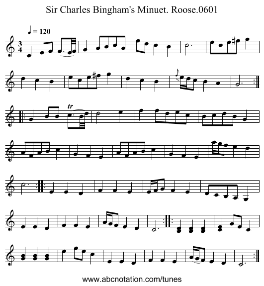 Sir Charles Bingham's Minuet. Roose.0601 - staff notation