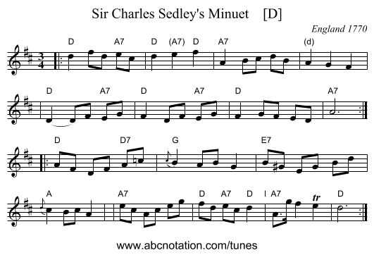 Sir Charles Sedley's Minuet    [D] - staff notation