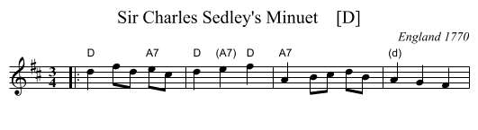 Sir Charles Sedley's Minuet    [D] - staff notation